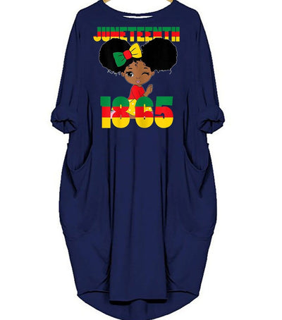 BigProStore African Dresses Juneteenth Celebrating 1865 Black Girl Kids Beautiful Black Girl Long Sleeve Pocket Dress Afrocentric Dress Styles Navy Blue / S (4-6 US)(8 UK) Women Dress