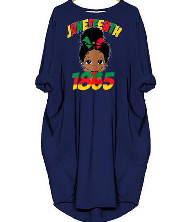 BigProStore Nice African Dresses Juneteenth Celebrating 1865 Cute Black Girls Kids Cute Melanin Girl Long Sleeve Pocket Dress Afrocentric Dress Styles Navy Blue / S (4-6 US)(8 UK) Women Dress