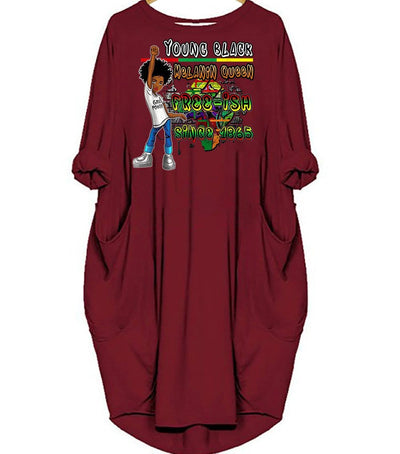 BigProStore Nice African Dresses Juneteenth Freedom Day Melanin Queen Free-Ish Since 1865 Pretty Black Afro Girls Long Sleeve Pocket Dress Modern Afrocentric Clothing Red / S (4-6 US)(8 UK) Women Dress