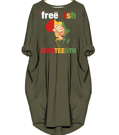 BigProStore African Dresses Juneteenth Freeish Since 1865 African American Woman Long Sleeve Pocket Dress African Print Styles Green / S (4-6 US)(8 UK) Women Dress
