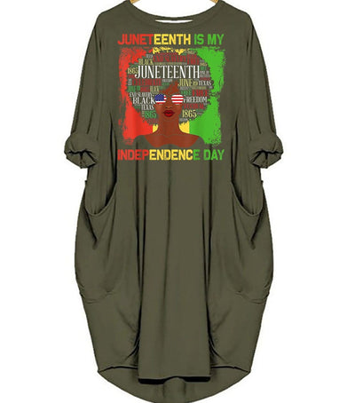 BigProStore African Fashion Dresses Juneteenth Is My Independence Day Black Women 4th Of July Beautiful Black Girl Long Sleeve Pocket Dress African Clothing Styles Green / S (4-6 US)(8 UK) Women Dress