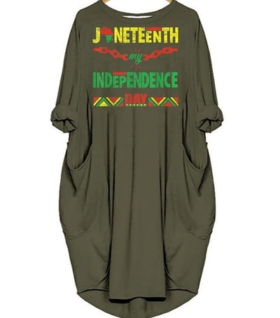 BigProStore African American Dresses Juneteenth Is My Independence Day Cute African American Woman Long Sleeve Pocket Dress African Print Clothing Green / S (4-6 US)(8 UK) Women Dress