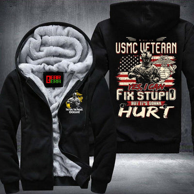 BigProStore Marine Fleece Hoodie I'm A USMC Veteran Yes I Can Fix Stupix Fleece Hoodie BPS148 Black / S Fleece Hoodie
