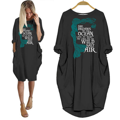 BigProStore Mermaid Shirt She Dream Of The Ocean Late At Night Dress for Her Black / S Women Dress
