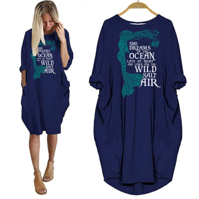 BigProStore Mermaid Shirt She Dream Of The Ocean Late At Night Dress for Her Navy Blue / S Women Dress