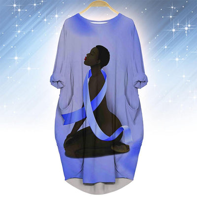 BigProStore Modern African Dresses Cute Afro American Girl Black Women Short Hair Blue Cancer Long Sleeve Pocket Dress African Clothing For Women S (4-6 US)(8 UK) Women Dress