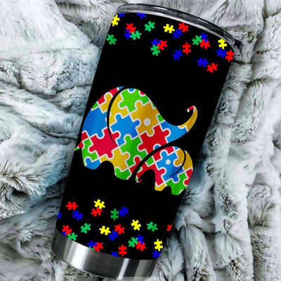 BigProStore Mom Baby Elephant World Autism Awareness Puzzle pieces Tumbler Idea BPS968 Black / 20oz Steel Tumbler