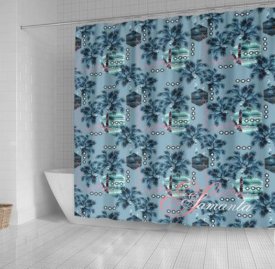 BigProStore Shower Curtain Decor Palm Hawaiian Blue Black Monogram Personalized Shower Curtain Bathroom Decor Ideas Hawaii Shower Curtain