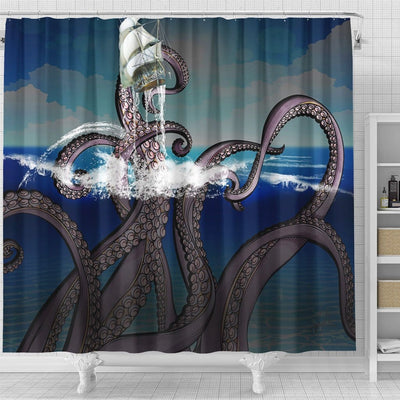 BigProStore Kraken Themed Shower Curtains Pirate Ship Attacked By Giant Kraken Shower Curtain Small Bathroom Decor Ideas Shower Curtain / Small (165x180cm | 65x72in) Shower Curtain