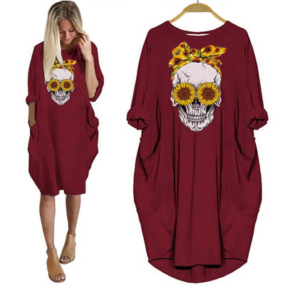 BigProStore Sunflower Skull Style Shirt Women Pocket Dress Red / S Women Dress
