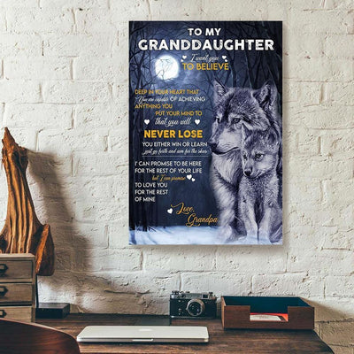 BigProStore Canvas Prints To My Granddaughter I Want You To Believe Granpa Wolf Verticalcanvas Wall Art Attractive Digital Prints 12" x 18" Canvas