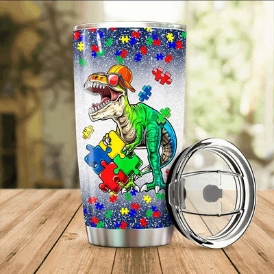 BigProStore T Rex Dinosaur Autism Awareness Puzzle Piece Gift for Kids Tumbler BPS113 White / 20oz Steel Tumbler