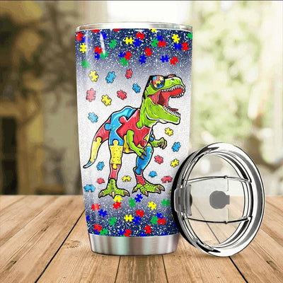 BigProStore T Rex Dinosaur Autism Awareness Puzzle Piece Tumbler Idea Kids Gift BPS358 White / 20oz Steel Tumbler