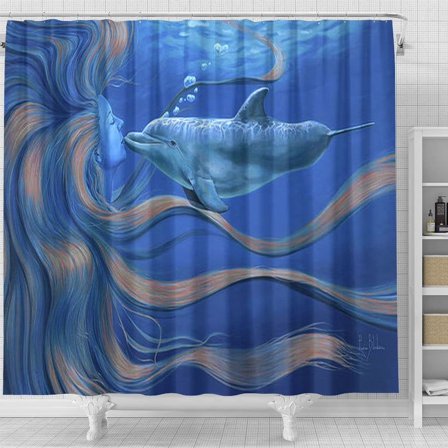 FRAMICS Blue Dolphin Shower Curtain and Rug Sets, 16 Pc Ocean