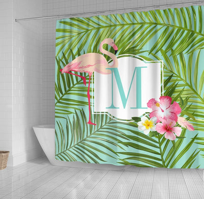 BigProStore Bathroom Curtain Tropical Flamingo And Hibiscus Flowers Monogram Shower Curtain Home Bath Decor Hawaii Shower Curtain