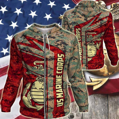 BigProStore USMC Hoodie Mens Womens All Over Print US Marine Corps Shirt Pullover Hooded Sweatshirt BPS836 3D Printed Zipped Hoodie / S 3D Printed Shirt