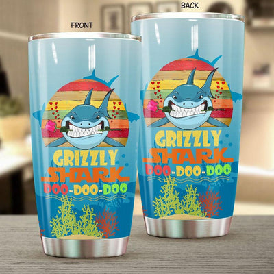 BigProStore Vintage Grizzly Shark Doo Doo Doo Tumbler Retro Shark And Rose Womens Custom Father's Day Mother's Day Gift Idea BPS687 White / 20oz Steel Tumbler