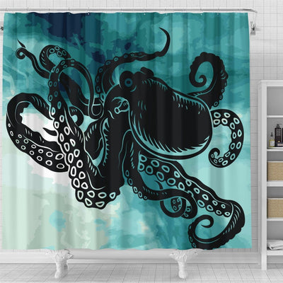BigProStore Shower Curtains Kraken Vintage Kraken Octopus On Dark Teal Watercolor Shower Curtain Bathroom Sets Shower Curtain / Small (165x180cm | 65x72in) Shower Curtain