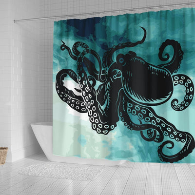 BigProStore Shower Curtains Kraken Vintage Kraken Octopus On Dark Teal Watercolor Shower Curtain Bathroom Sets Shower Curtain