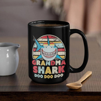 BigProStore Vintage Retro Grandma Shark Doo Doo Doo Coffee Mug Womens Custom Father's Day Mother's Day Gift Idea BPS135 Black / 15oz Coffee Mug