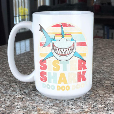 BigProStore Vintage Retro Sister Shark Doo Doo Doo Coffee Mug Womens Custom Father's Day Mother's Day Gift Idea BPS256 White / 15oz Coffee Mug