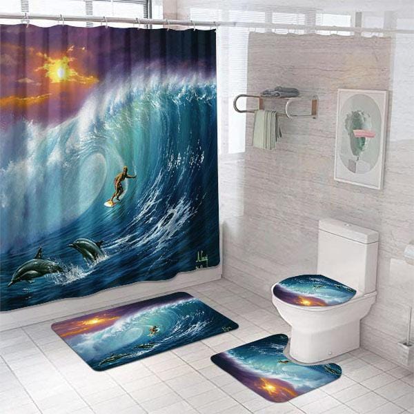 1pc Dolphin & Tropical Fish Shower Curtain Or Toilet Mat & 4pc