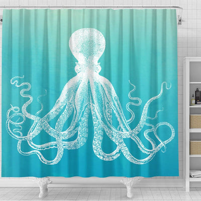 BigProStore Kraken Bathroom Sets White Octopus Unique Aqua Blue Ombre Gradient Shower Curtain Bathroom Decor Shower Curtain / Small (165x180cm | 65x72in) Shower Curtain