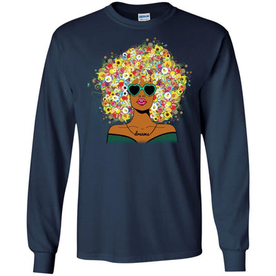 BigProStore African American Women Flower Melanin Popping T-Shirt Afro Girl Rock G240 Gildan LS Ultra Cotton T-Shirt / Navy / S T-shirt