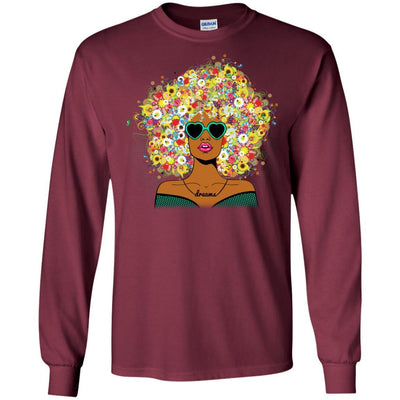 BigProStore African American Women Flower Melanin Popping T-Shirt Afro Girl Rock G240 Gildan LS Ultra Cotton T-Shirt / Maroon / S T-shirt