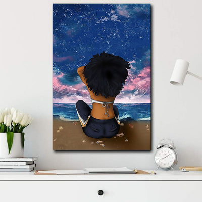 BigProStore Afro Art Print Canvas Melanin Naturally Hair Girl With Dark Sky In The Beach African Inspired Home Decor Canvas / 8" x 12" Canvas