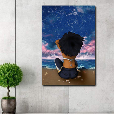 BigProStore Afro Art Print Canvas Melanin Naturally Hair Girl With Dark Sky In The Beach African Inspired Home Decor Canvas