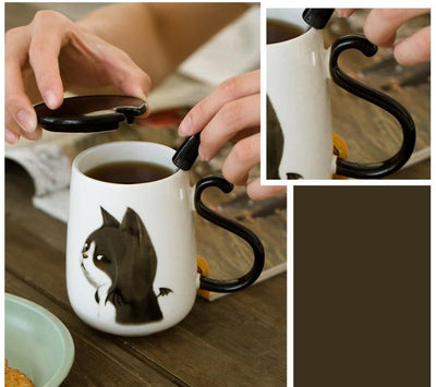 Creative 3D Cat Cartoon Ceramic Coffee Mug With Lid And Spoon