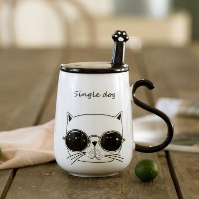 Creative 3D Cat Cartoon Ceramic Coffee Mug With Lid And Spoon