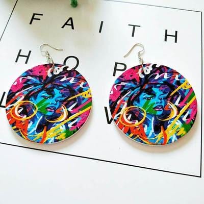 Colorful Afro Girl Wooden Drop Earrings