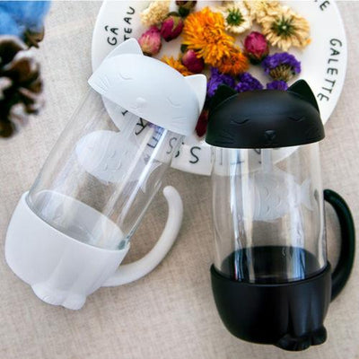 Cute Cat Glass Cup Tea Mug With Fish Infuser Strainer Filter