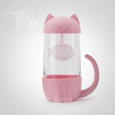 Cute Cat Glass Cup Tea Mug With Fish Infuser Strainer Filter