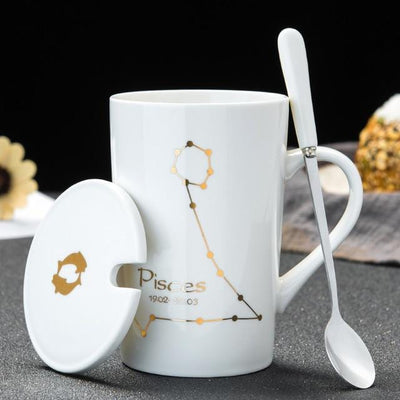 Creative 12 Constellations Ceramic Black Mugs with Spoon Lid