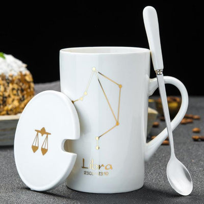 Creative 12 Constellations Ceramic Black Mugs with Spoon Lid