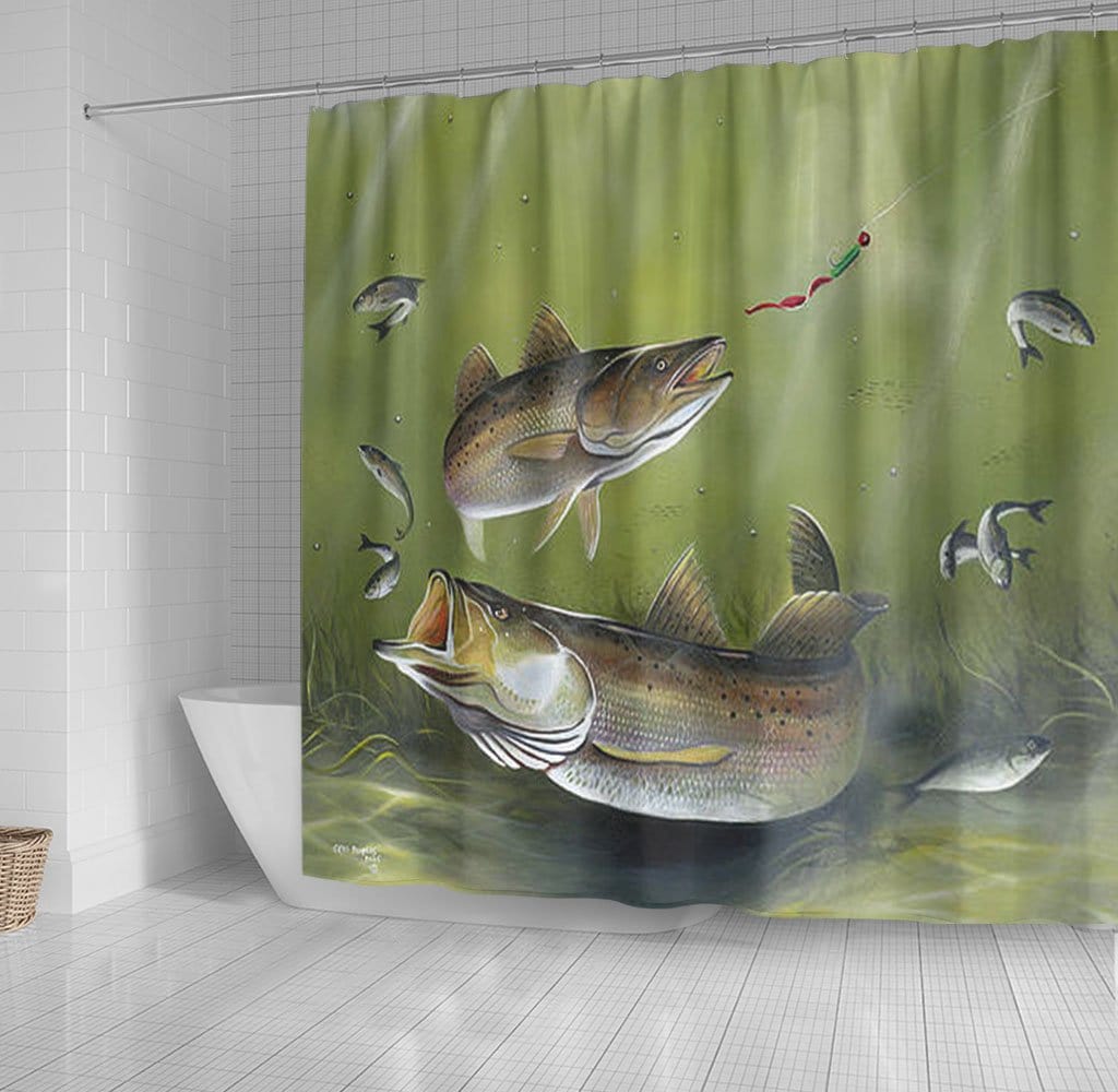 Fishing Shower Curtain Bass Fish With Wooden Cabin House Decor Bathroo –  BigProStore