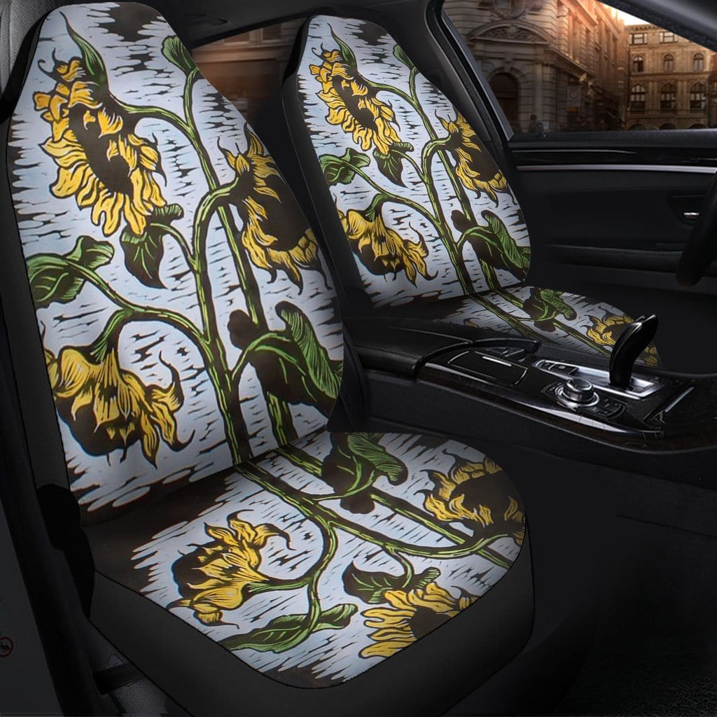 Sunflower Car Seat Covers Large Sun Flowers on Black Set of 2 Car